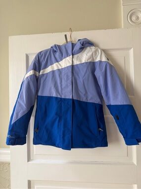 Spyder Kids Blue, light purple and White Colorblock Hooded Ski Jacket